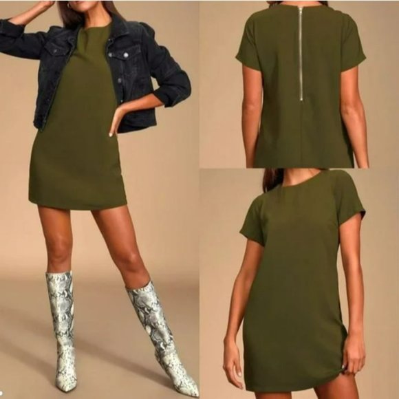 Lulus Dresses & Skirts - Lulu's | Shift & Shout Olive Green Short Sleeve Mini Dress XS Exposed Zipper